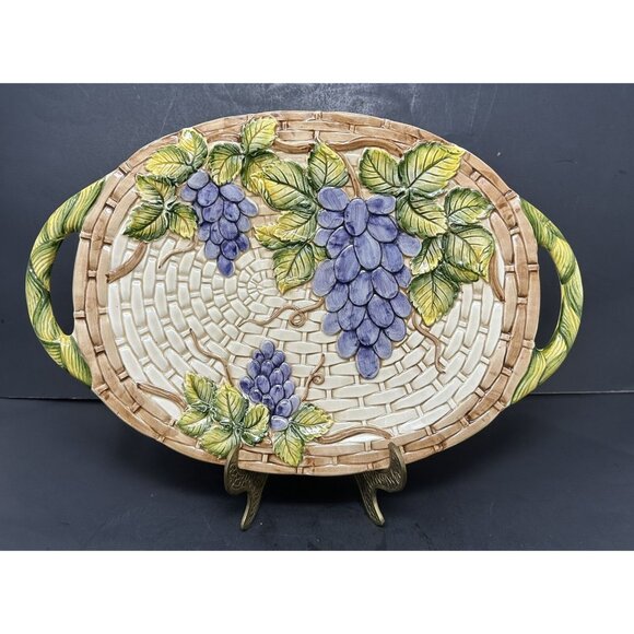 Takahashi Other - TAKAHASHI ANTIQUA Embossed Grapes Basket Weave Majolica 16" 2 Handled Platter